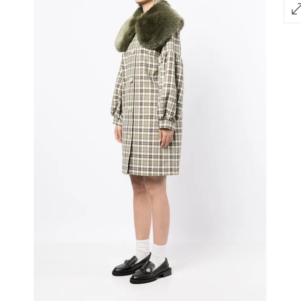 Shrimps Beige Plaid Coat with Faux-Fur Collar